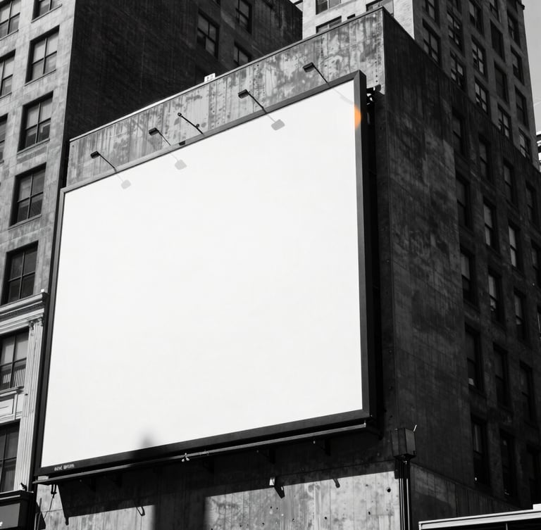 Extreme close-up of a massive physical billboard on a stark concrete building in downtown New York, harsh midday sun, deep shadows, high-contrast black and white.