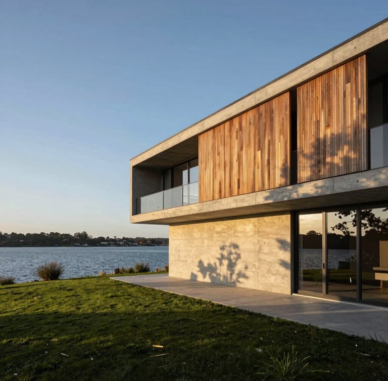 Wide-angle architectural exterior of a modern concrete and cypress wood estate at golden hour, sharp shadows, lakefront setting, negative space on the left.