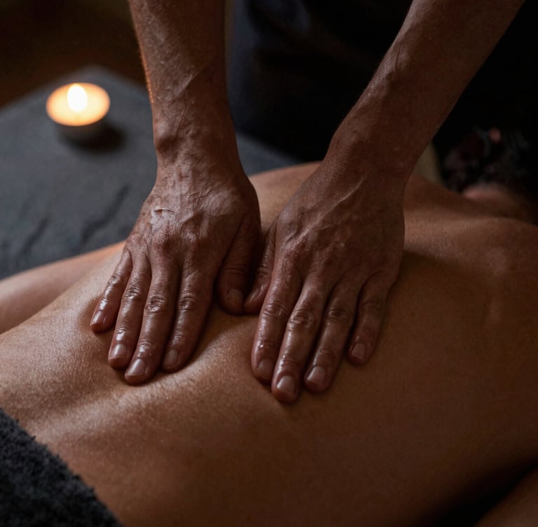 Close-up of hands performing precise massage techniques on a back, dimly lit with warm amber light, shallow depth of field, dark slate background.