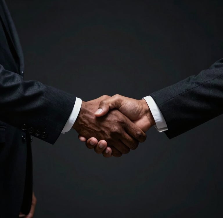 Sober corporate photography of a close-up handshake between two business professionals, one Black and one tanned North African, no faces visible, low-key dramatic lighting against a dark background, 35mm
