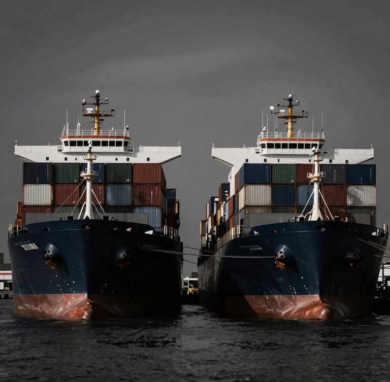 Sober corporate photography, low-key dramatic lighting, deep shadows, dark desaturated tones, 35mm wide-angle industrial framing of two cargo ships docked side-by-side in a port, representing logistics and international trade.