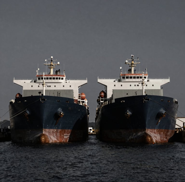 Two massive industrial cargo ships docked side-by-side in a deep-water commercial port, low-key dramatic natural harbor light, dark desaturated tones, 35mm