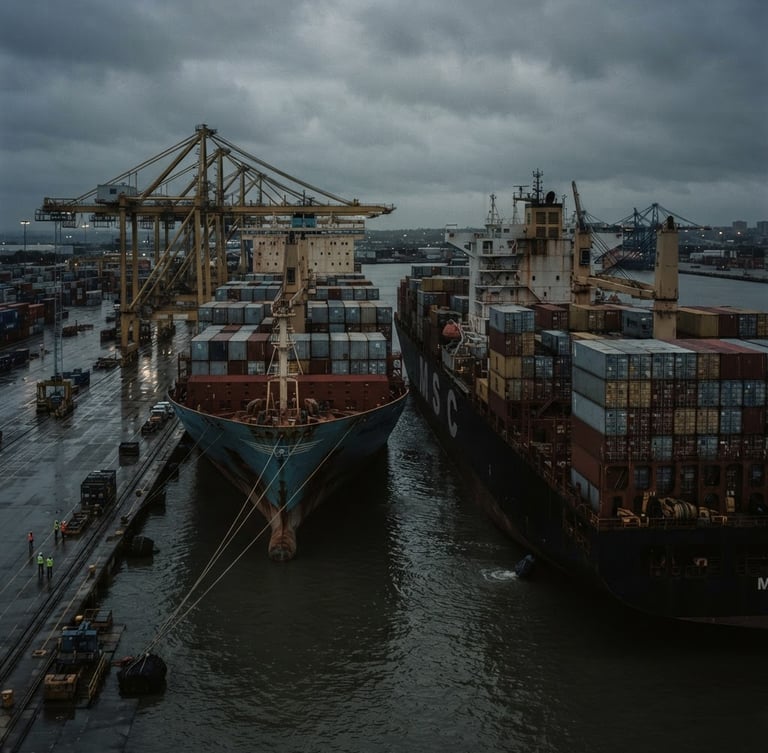 Sober corporate photography of two massive cargo ships docked side-by-side in a deep-water port, low-key dramatic natural harbor lighting, dark desaturated tones, 35mm