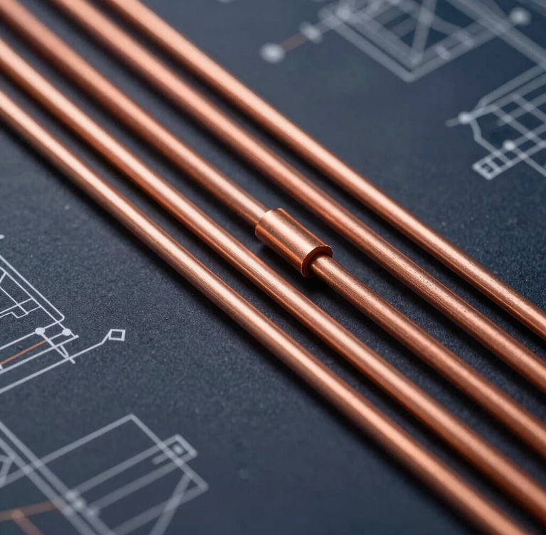 A close-up, high-contrast architectural technical drawing showing detailed electrical conduits and cable trays. Sharp copper-gold lines overlaying a deep slate blueprint background, clean engineering aesthetic.