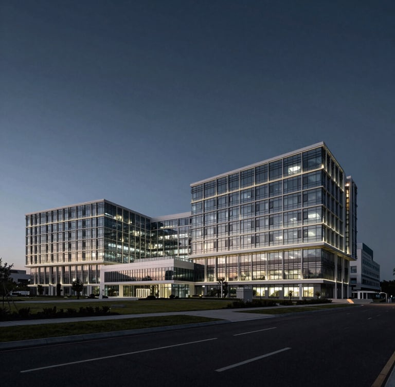 Wide panoramic architectural elevation of a modern hospital complex at dusk, high-contrast dramatic lighting highlighting the structural grid, expansive negative space in the dark sky.