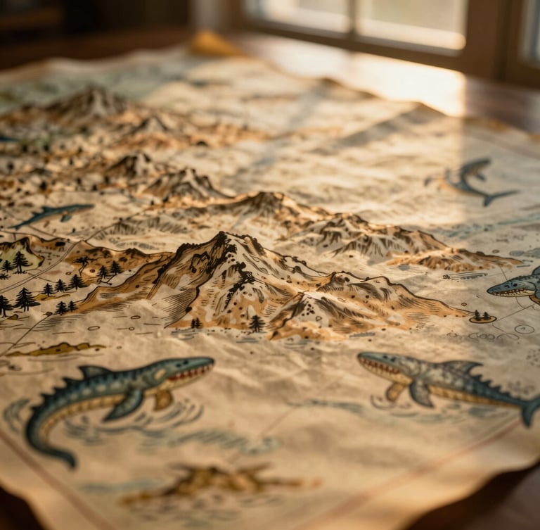 Close-up macro shot of a hand-painted map on heavy parchment paper, showing illustrated mountains and sea monsters, warm golden-hour lighting