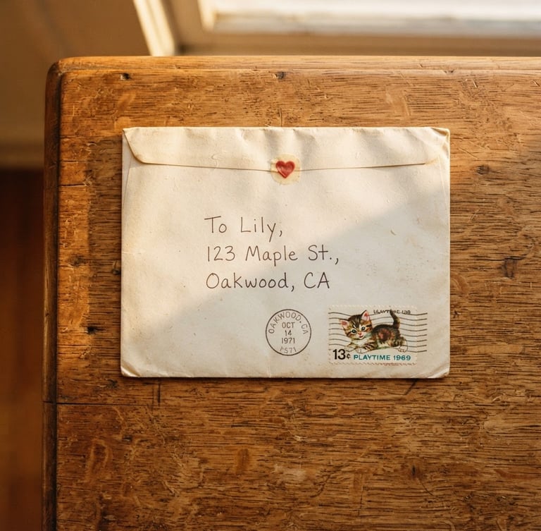 Overhead flatlay of a vintage paper envelope addressed to a child with a real postage stamp, sitting on a warm wooden table with soft golden-hour light streaming in