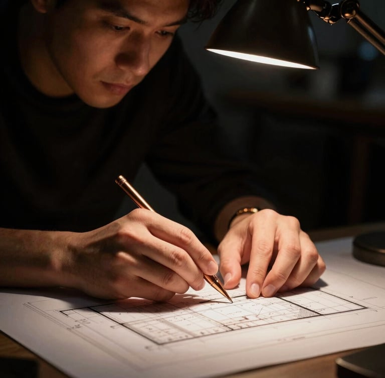 Close-up portrait of a technical designer adjusting a spatial scale model, warm spotlighting, architectural drawing visible, high contrast, moody tone