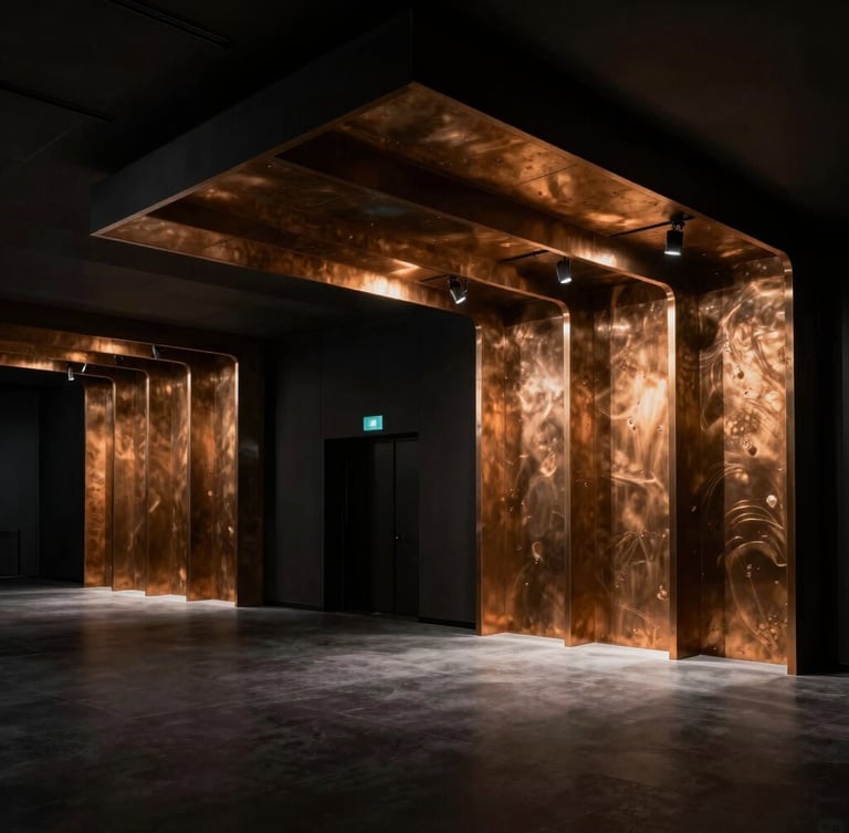 Immersive corporate event space with dramatic architectural lighting, warm bronze accents, high contrast, 35mm lens