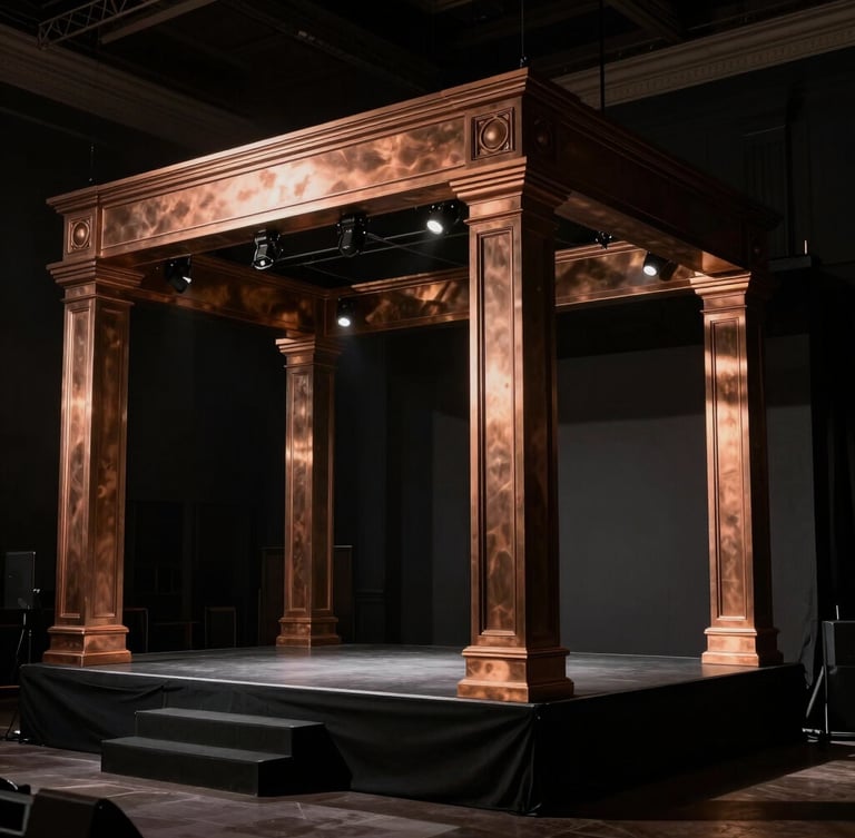 Dramatic architectural event lighting, high-contrast shadows, premium structural stage build with warm bronze accents, 35mm lens photography