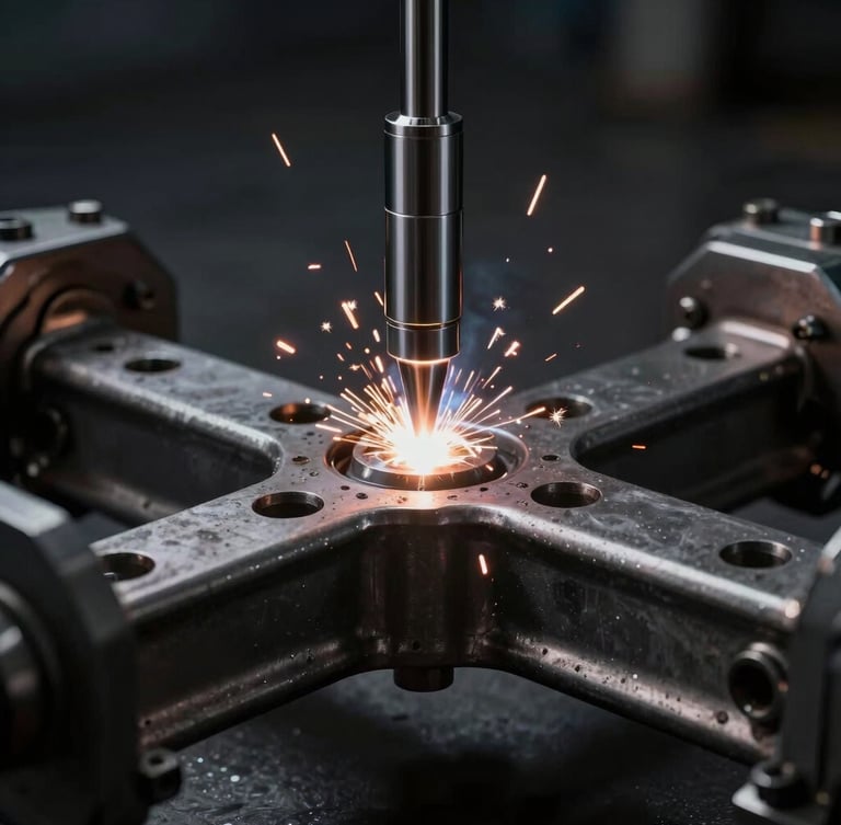 Macro close-up of precision welding sparks on a heavy-duty steel bus chassis, high-contrast industrial lighting, deep charcoal background.