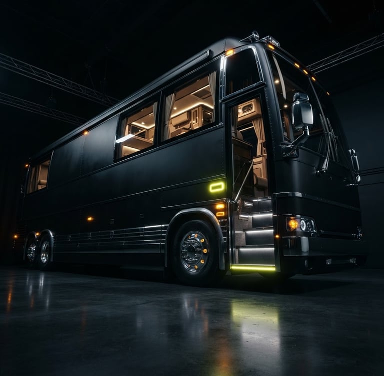 Cinematic low-angle shot of a premium luxury sleeper bus parked in a dark studio, glowing neon-yellow indicators, sharp chrome silver accents, dramatic low-key lighting