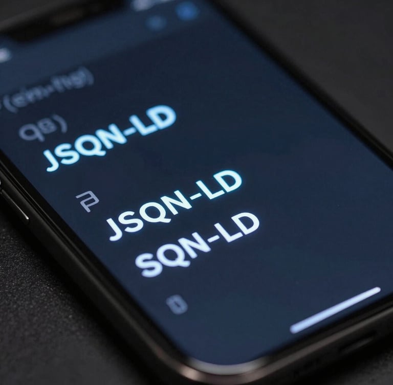 Sleek tech photography of a mobile screen displaying clean glowing JSON-LD schema code, sharp blue and dark gray tones, cool low-key studio lighting, macro depth of field