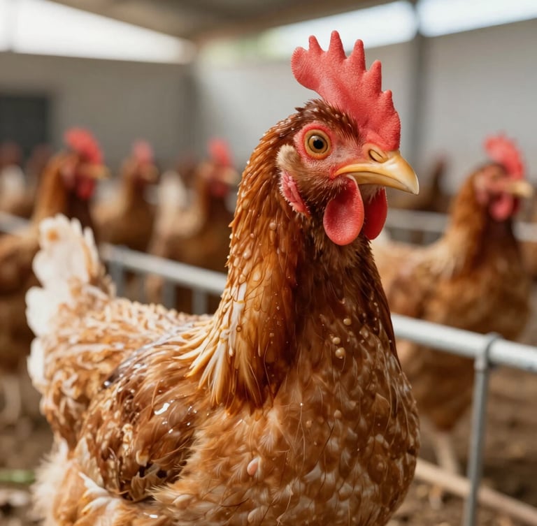 Close-up of healthy poultry in a clean, modern, well-ventilated farm in Guinea, natural bright daylight