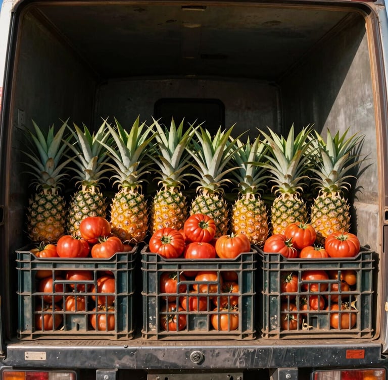 Vue rapprochée de caisses de tomates et d'ananas fraîchement récoltés, chargées à l'arrière d'un camion réfrigéré propre, lumière naturelle du jour à Kindia.