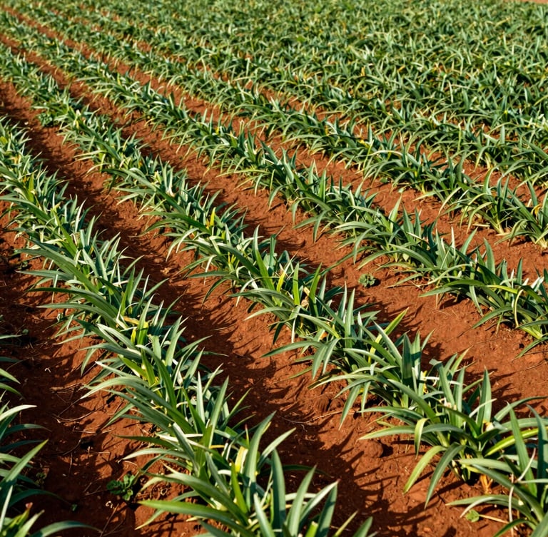 Grand angle environnemental d'un champ de manioc verdoyant à Kindia, terre argileuse rouge visible entre les rangées régulières, lumière naturelle du matin.