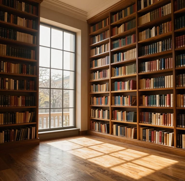 An elegant, warm library room with floor-to-ceiling bookshelves, soft golden hour light streaming through a large window, casting long shadows on a wooden floor.