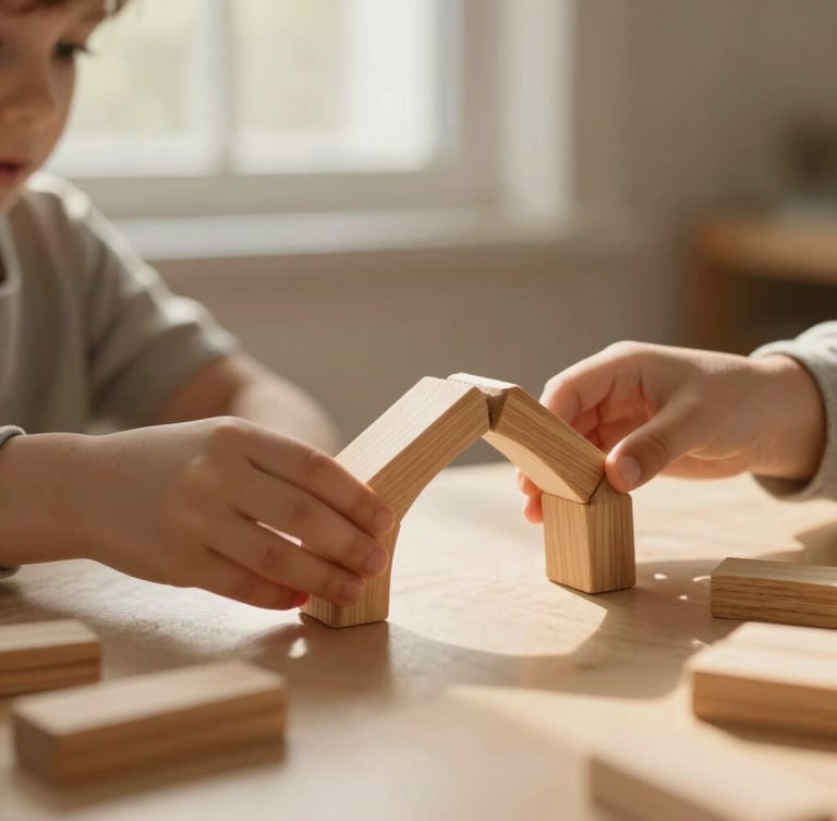 Soft window light illuminating a child's hands carefully arranging wooden arch blocks on a light cream table, warm golden tones, shallow depth of field, 21:9 cinematic crop.