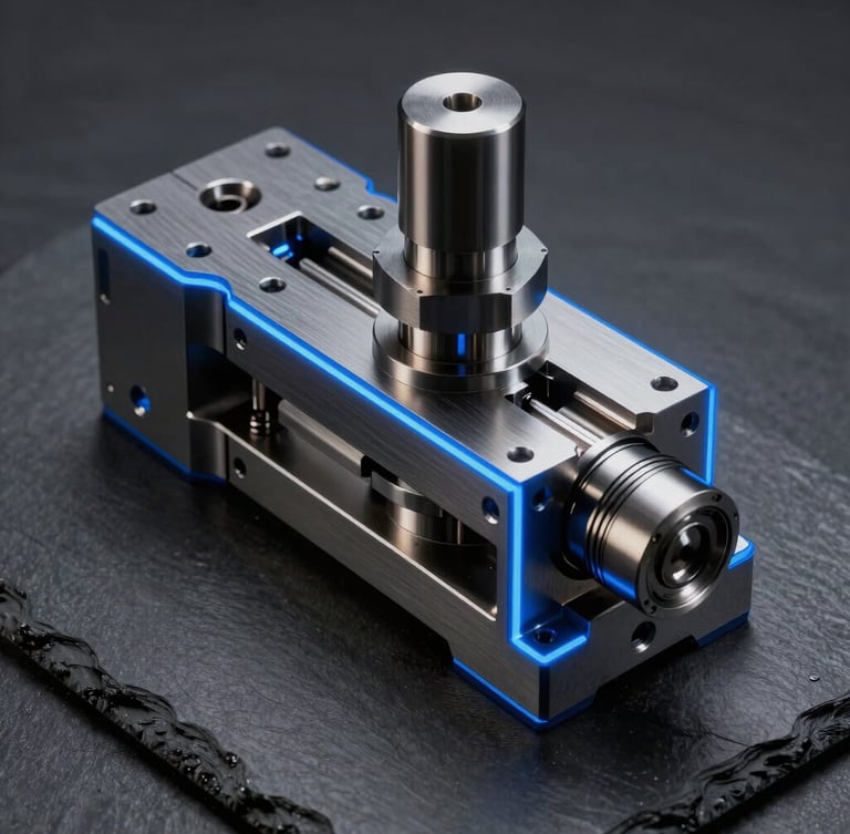 Orthographic 3D CAD render of a complex progressive stamping die assembly on a dark slate background, sharp blue edge-lighting, high-contrast technical details.