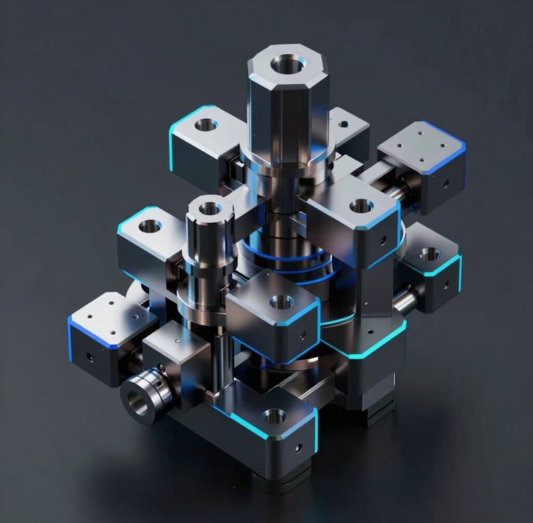 Isometric 3D CAD render of a highly complex progressive die assembly, sharp blue and cyan edge lighting on dark metallic steel surfaces, orthographic technical projection, dark background.
