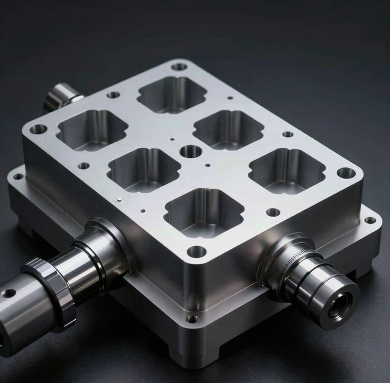Ultra-sharp 3D CAD model of a multi-cavity plastic injection mold, showing core and cavity plates, high-contrast studio lighting, dark background, technical visualization.