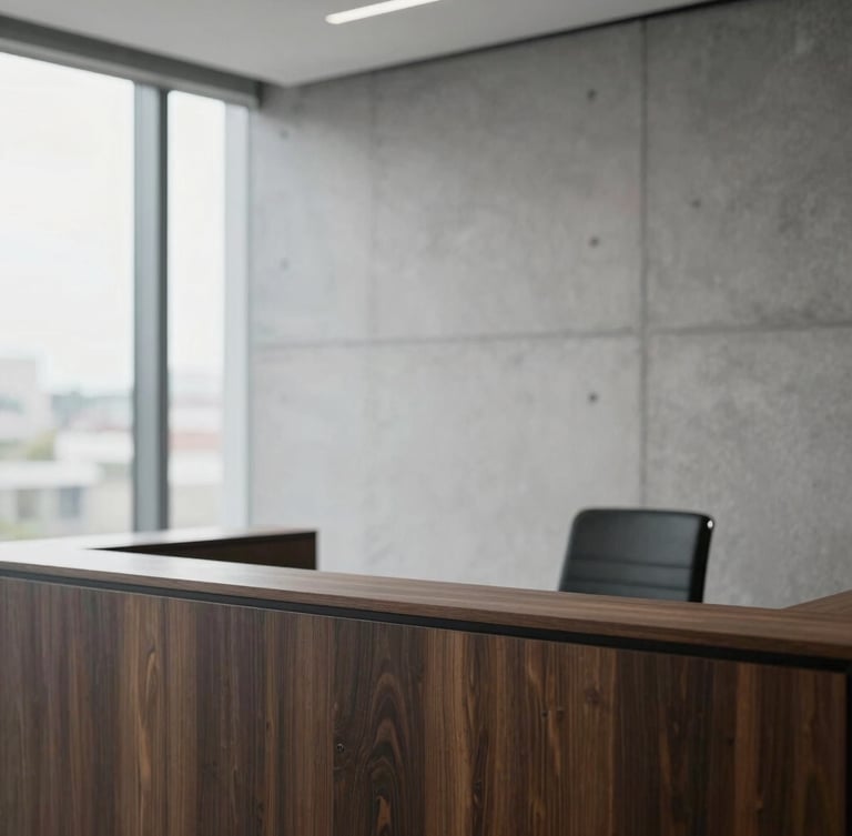 Dignified architectural detail of a modern, minimalist law office interior, soft natural light, clean concrete and dark wood textures, 35mm lens.