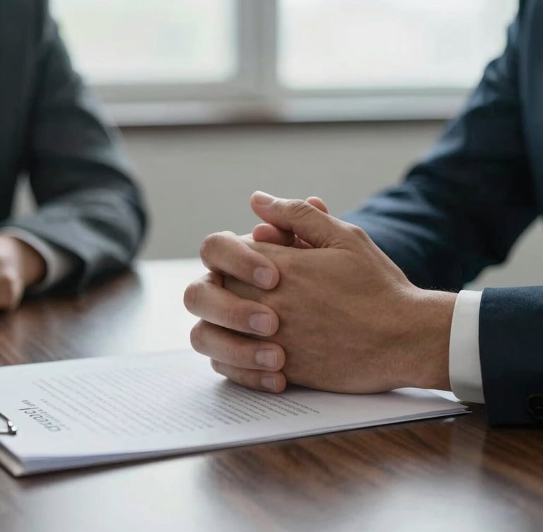 Close-up of hands clasped in consultation over signed legal documents on a dark wooden desk, soft natural window light, shallow depth of field