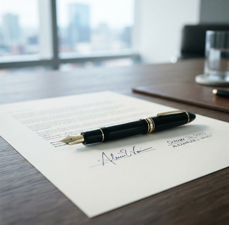 Close-up of a fountain pen resting on a crisp, signed legal document, soft morning window light, shallow depth of field, minimalist office setting.