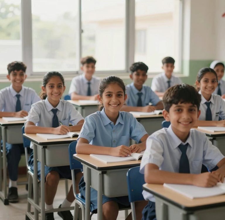 A medium-wide shot of smiling Al-Nawaras students in clean blue and white school uniforms sitting in a sunlit classroom, natural morning light streaming through large windows, warm and welcoming atmosphere.