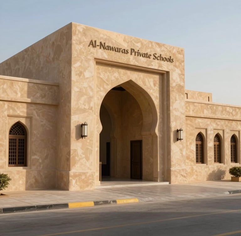 A medium-wide shot of the elegant modern Arabic architectural entrance of Al-Nawaras Private Schools under bright, natural morning sunlight, casting soft shadows on the warm sand-colored facade.