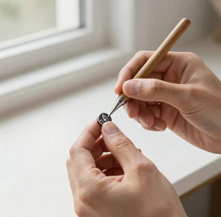 Close-up portrait of skilled hands carefully engraving a small metal keepsake, focused and precise, with soft natural window light highlighting the texture of the metal and the tools.