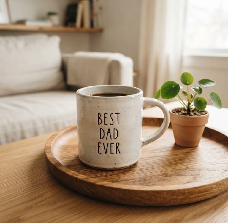 Close-up of a personalized ceramic coffee mug with text 'Best Dad Ever' in a clean minimalist home setting, soft natural window light, gentle shadows, shallow depth of field, 50mm, styled on a wooden tray with a small plant.