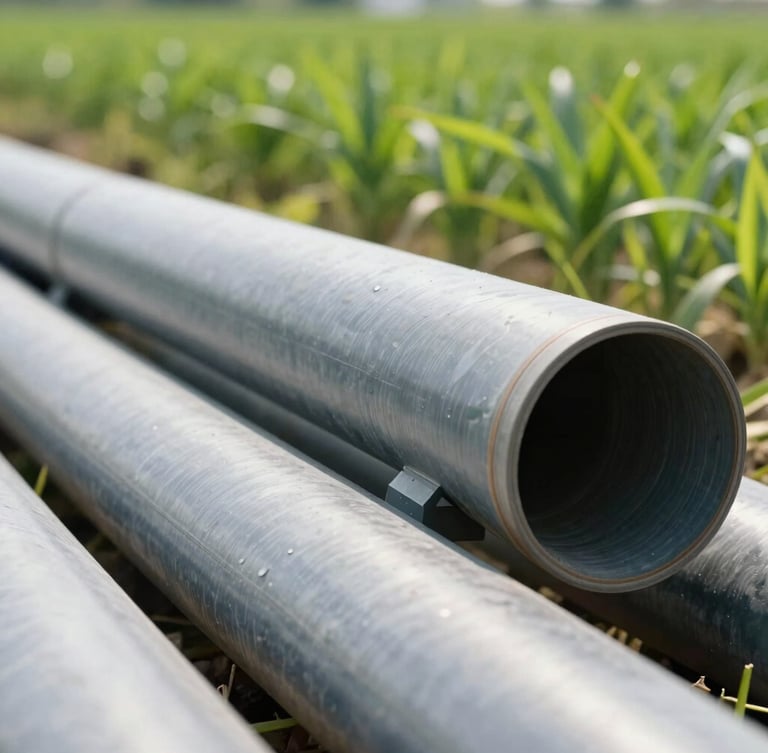 Crisp editorial photography of modern agricultural irrigation pipes in a lush field under bright daylight, highly detailed, 35mm
