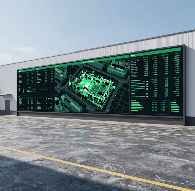 A high-contrast wide angle shot of an industrial logistics hub with digital BIM cost overlays, crisp natural daylight, cool slate tones with vivid emerald accents, 35mm