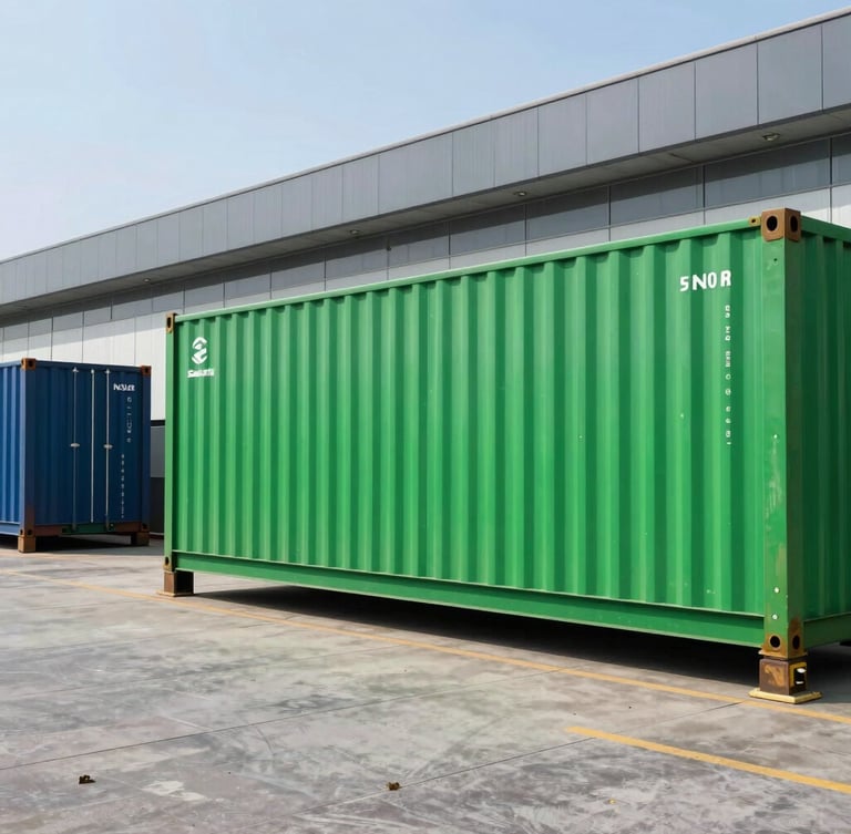 Crisp editorial photography of a modern logistics hub in India, high-contrast daylight, cool slate tones with vivid emerald accents, 35mm