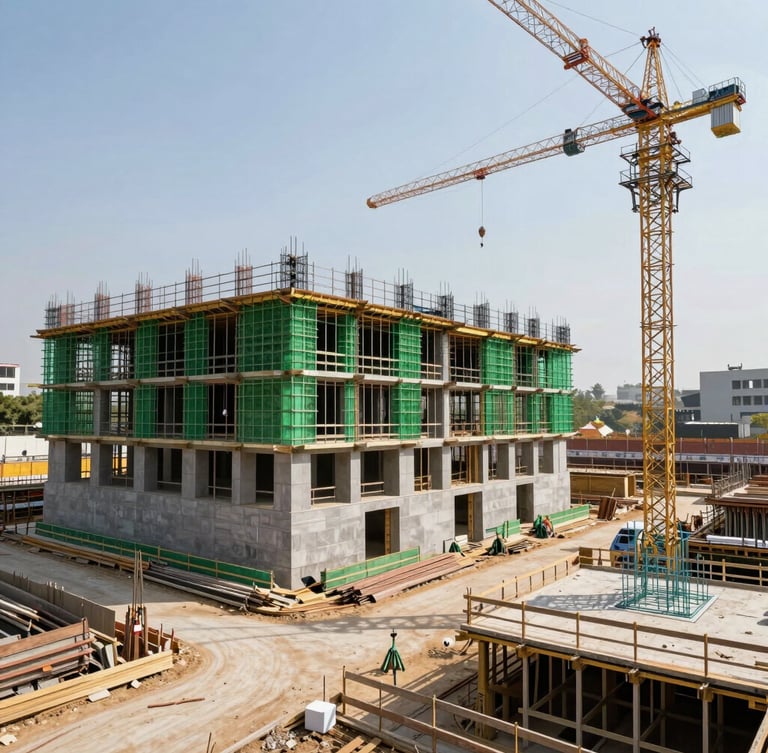 Wide environmental shot of a modern Indian construction site, crisp daylight, technical BIM wireframe overlay on the right third, highly detailed, 35mm