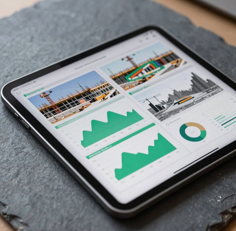 A high-contrast close-up of a digital tablet showing financial analytics and BIM models on an active construction site, sharp editorial photography, crisp natural daylight, cool slate tones with vivid emerald accents, highly detailed, 35mm