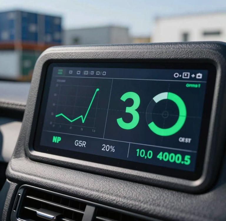 High-contrast macro shot of a digital dashboard displaying cost analytics on a screen in a modern logistics hub, crisp natural daylight, cool slate tones with vivid emerald accents, 35mm