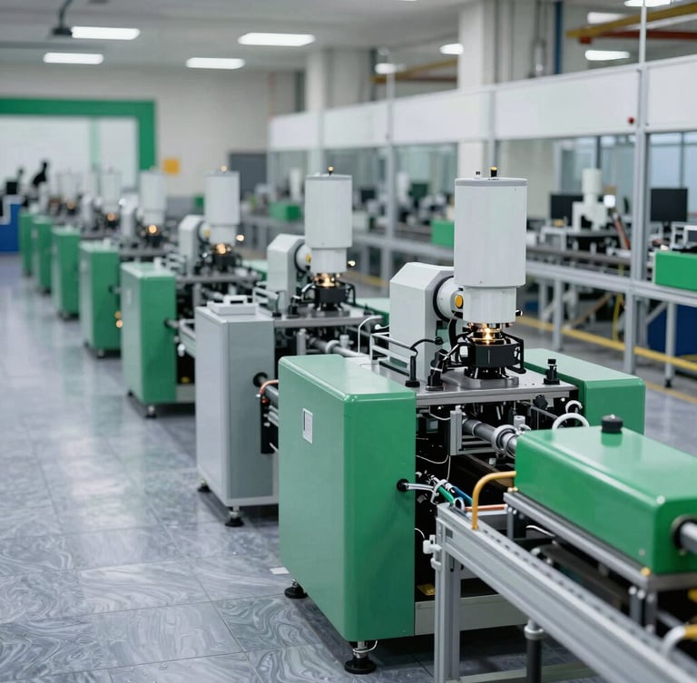 Wide environmental shot of a state-of-the-art automated manufacturing assembly line in India, crisp natural daylight, cool slate tones with vivid emerald accents, highly detailed, 35mm.