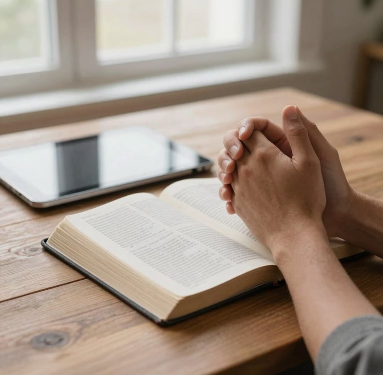 Hands folded in prayer over an open Bible and a digital tablet on a wooden table, soft window light