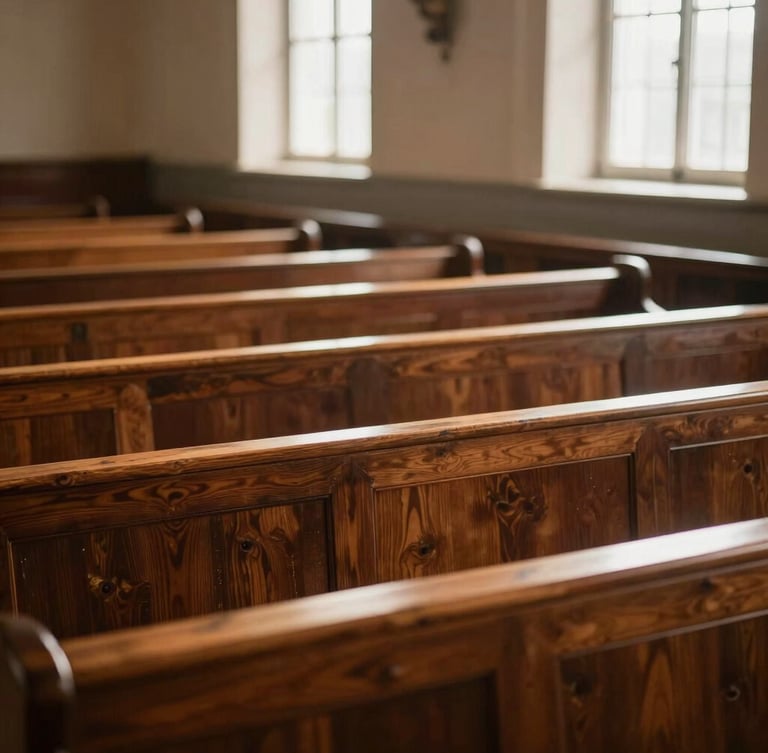 A warm empty church sanctuary with natural morning light hitting the wooden pews, shallow depth of field, rich deep tones with parchment undertones.