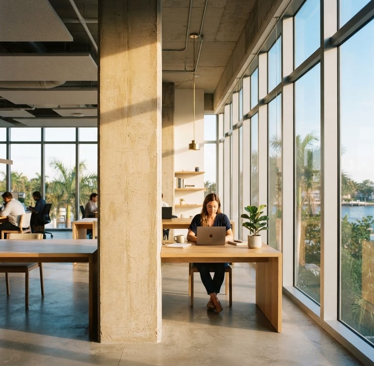 A bright, modern architectural office interior with sunlit concrete pillars, warm coastal Florida daylight streaming through floor-to-ceiling windows, minimal furniture, 35mm photography.