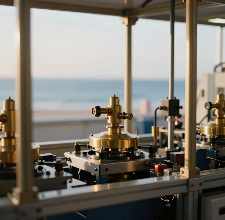 Close-up of physical operations, a clean modern manufacturing assembly line with warm brass and steel components, soft natural side lighting, editorial framing.