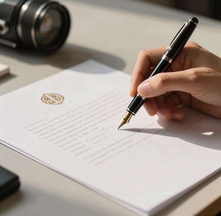 Close-up of an elegant fountain pen signing an official document on a clean, modern desk with warm daylight casting soft shadows, professional and refined atmosphere.