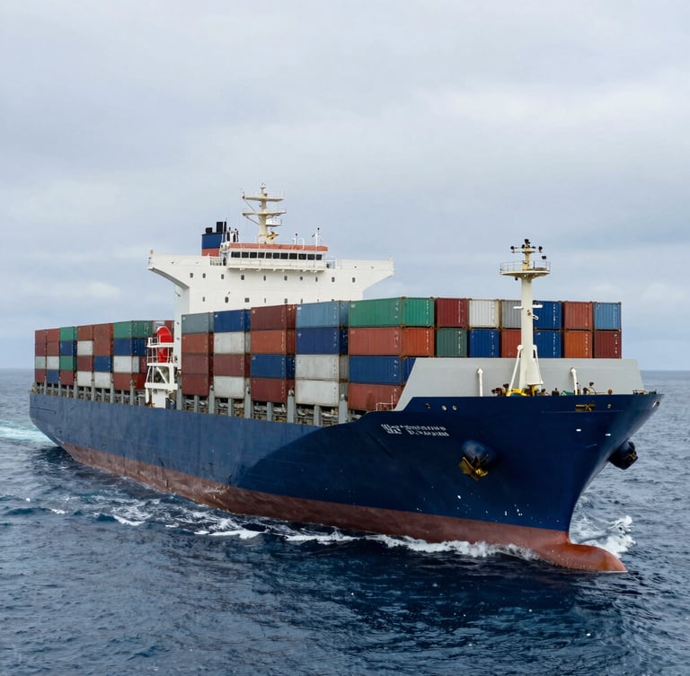 A massive container ship loaded with cargo containers navigating open ocean, high contrast cool overcast daylight, wide-angle shot.