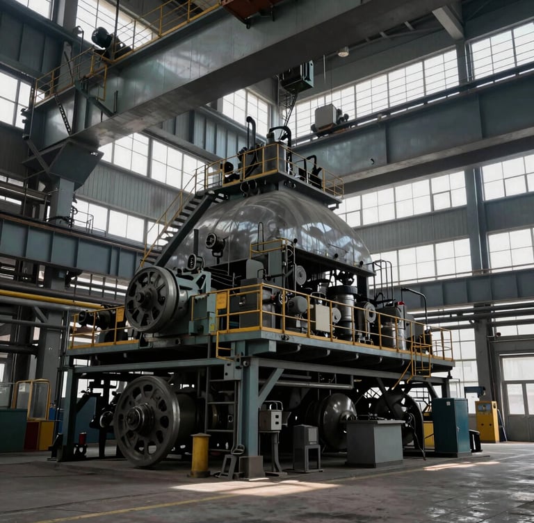 Extreme wide shot of an industrial foundry floor, cool overcast daylight streaming through high windows, heavy steel gantry cranes overhead, massive scale