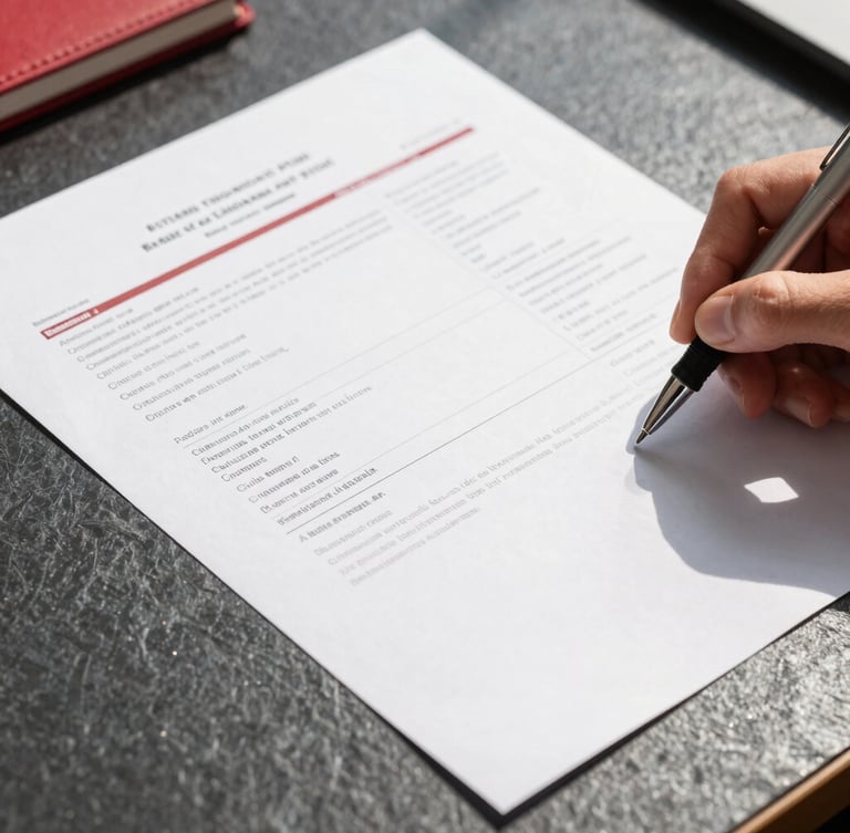 Sharp close-up of stamped international trade documents on a dark slate desk, crisp daylight casting long shadows, a professional hand holding a technical pen in the corner.