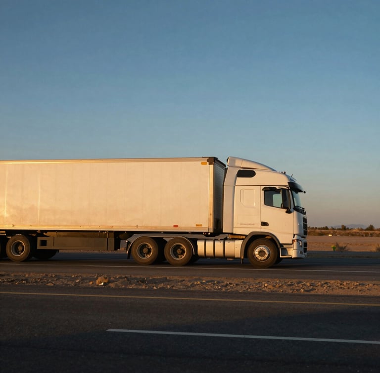 Side profile of a modern commercial semi-truck pulling a refrigerated trailer on an open desert highway at golden hour, 35mm lens, cinematic transport photography.
