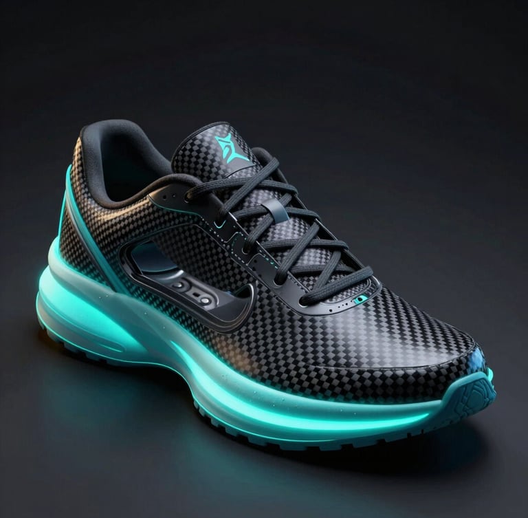 Sleek 3d product render of sneaker chassis showing internal carbon fiber plate, dramatic cyan rim lighting, dark atmospheric background