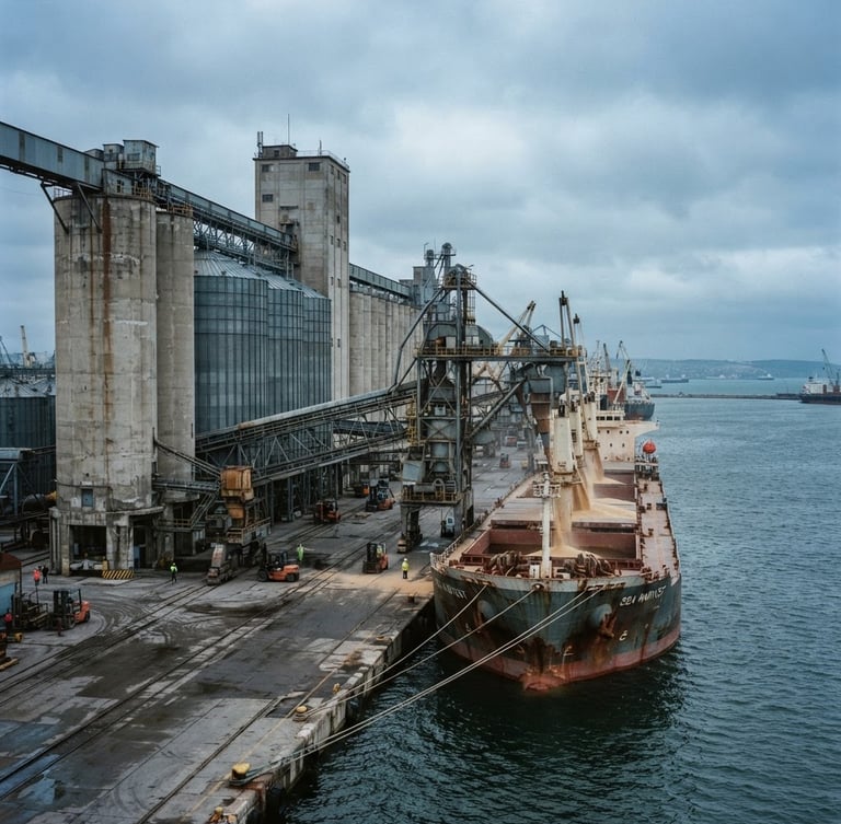 Wide-angle industrial grain terminal at a Black Sea port, cool overcast daylight, cargo vessel loading under steel blue sky, 35mm film